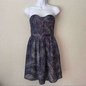 Devlin strapless navy blue white polka dot quilted smock mini dress M
